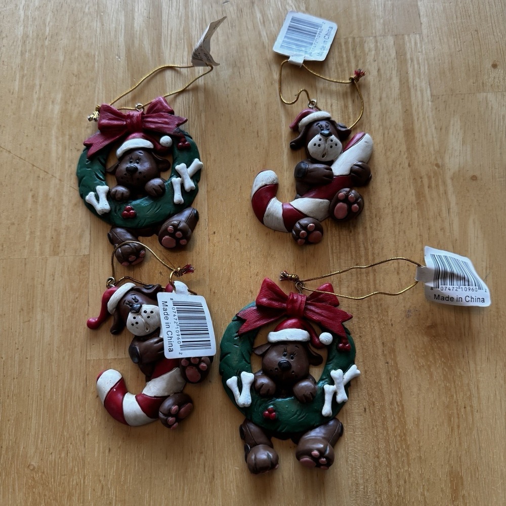 Christmas Ornaments Dog Puppy Lot of 4 Holiday Brown Wrath Candy Cane Resin New